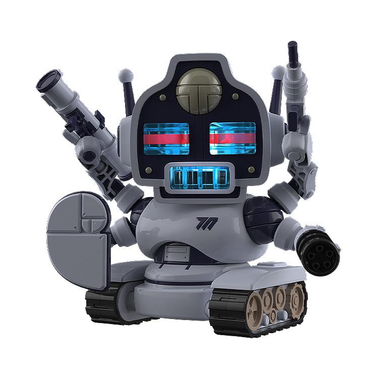 A low-angle view of the highly detailed Avant-Garde-kun robot model from the Blue Archive video game series.