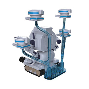Rear view of the Avant-Garde-kun model showing the clear plastic support stands for the four accompanying combat drones.