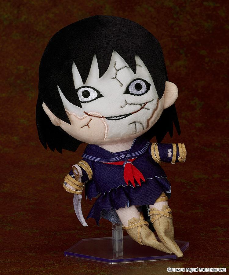 Character plushie of Ayakakashi from Silent Hill f shown in a dynamic pose with a red scarf and detailed rope bindings on the arms and legs.