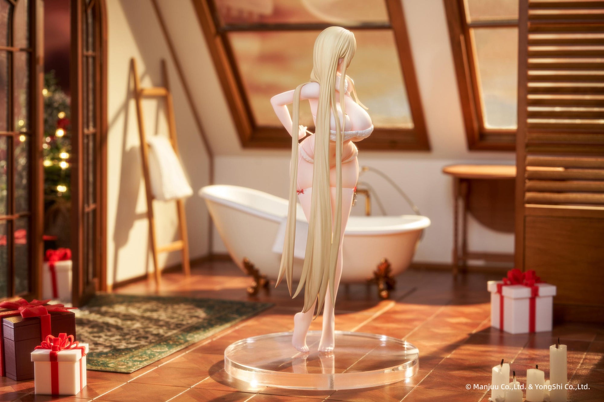Rear cinematic view of the Bismarck scale figure amidst holiday decor and soft indoor lighting.