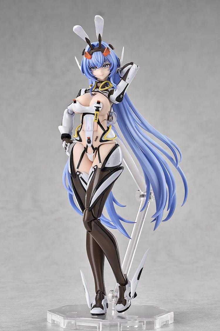 Three-quarter studio side portrait of the New Jersey Hyper Body figure showcasing her articulated design, long flowing purple-blue hair, and white bunny ears.
