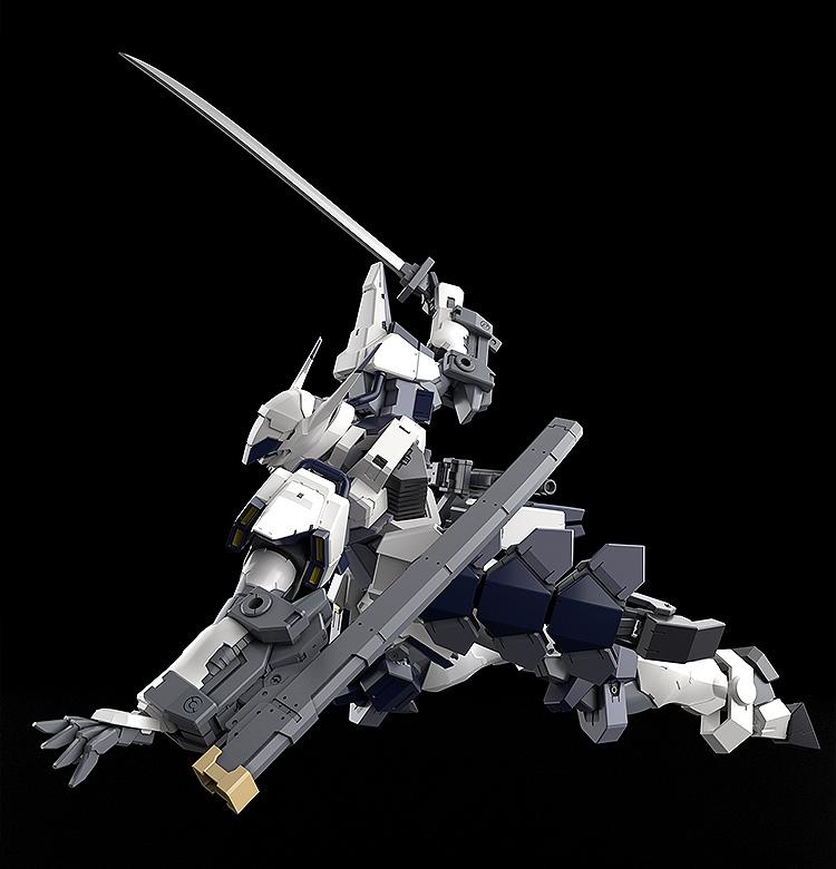 Action shot of the Azure Raven 1/48 scale model kit performing a jumping sword strike.