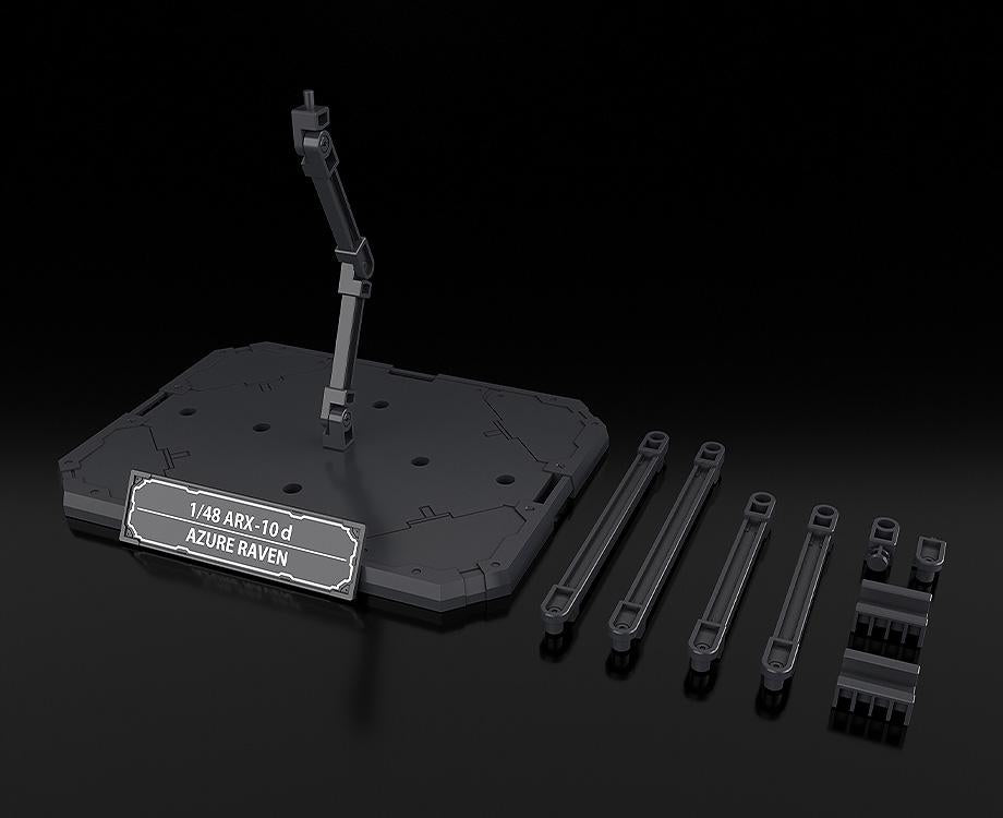 The special edition display base and 1/48 ARX-10d Azure Raven nameplate designed by Kanetake Ebikawa.