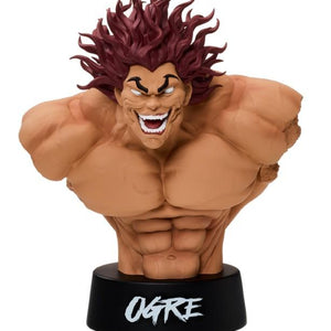 Full-length front view of Baki the Grappler Yujiro Hanma bust figure by Taito on an OGRE labeled display stand