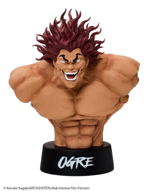 Full-length front view of Baki the Grappler Yujiro Hanma bust figure by Taito on an OGRE labeled display stand