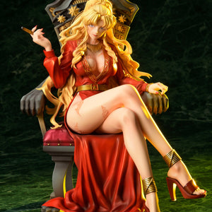 Balalaika figure from Black Lagoon featuring dramatic warm lighting, highlighting her blonde hair and crimson gown.