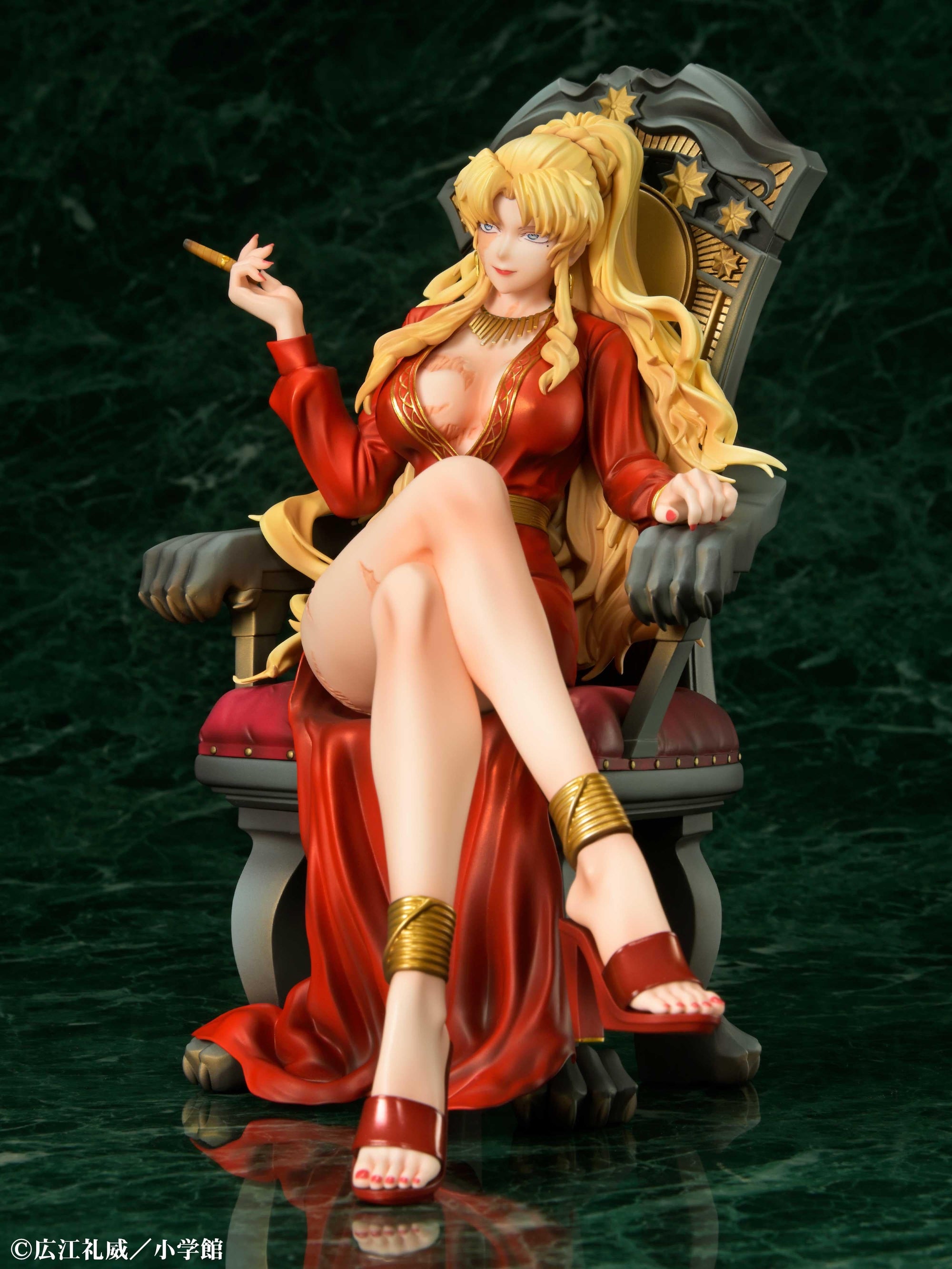 Low-angle shot of the Balalaika figure emphasizing the detailed burn scars on her legs and chest.