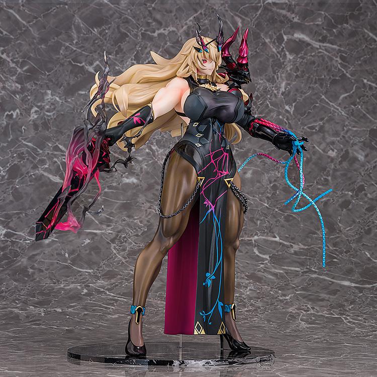 Side perspective of the Barghest figure standing on her base, showing the patterns on her dress.