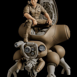 Front view of the Ghost in the Shell minimum factory Batou with Fuchikoma manga version model kit displayed against a stark black background.