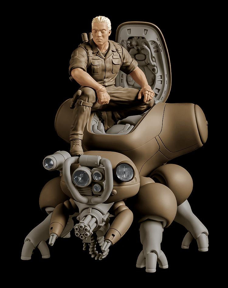 Front view of the Ghost in the Shell minimum factory Batou with Fuchikoma manga version model kit displayed against a stark black background.