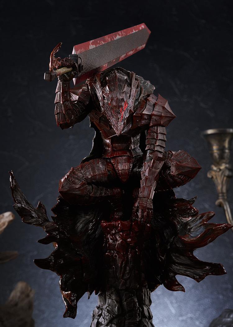 Front view of Berserk Guts crouching in Berserker Armor with blood-soaked Dragon Slayer sword aloft