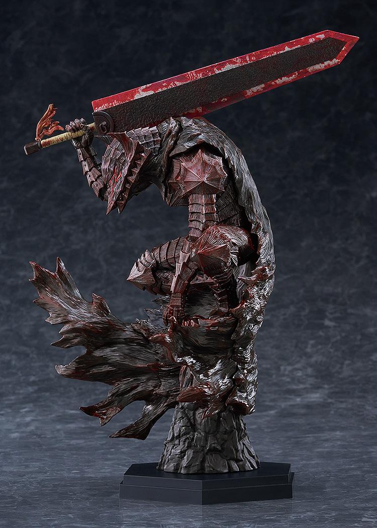 Side view of Pop Up Parade L Guts in Berserker Armor bloody paint version figure crouching on rock base