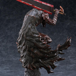 Rear view of Berserk Guts Berserker Armor bloody paint figure displaying shredded cape and massive sword