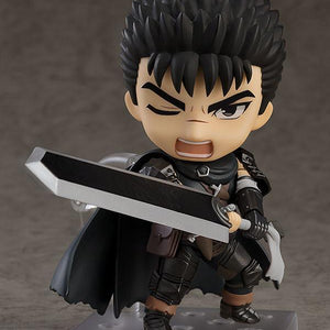 Good Smile Company Berserk Guts Nendoroid figure with serious face plate resting the Dragon Slayer sword over his shoulder on a display stand