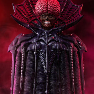 Close-up bust view of the Berserk Pop Up Parade SP Void figure showcasing the exposed brain sculpt and high-collared cloak under dramatic red eclipse lighting.