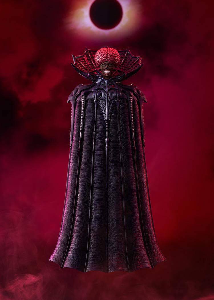 Full-length promotional display of the Berserk Pop Up Parade SP Void figure floating beneath an eclipse in a crimson sky.