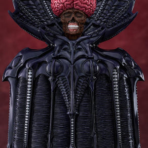 High-detail close-up shot of the Pop Up Parade SP Void figure's skull face, stitched eyelids, exposed brain, and ornate collar.