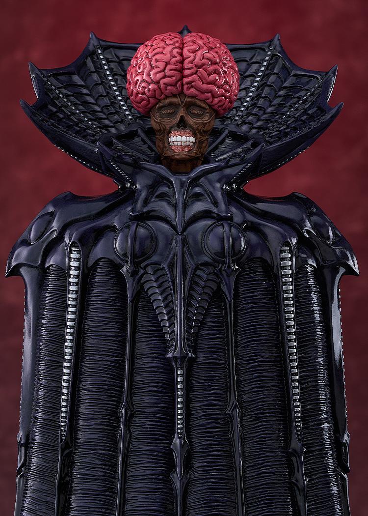 High-detail close-up shot of the Pop Up Parade SP Void figure's skull face, stitched eyelids, exposed brain, and ornate collar.