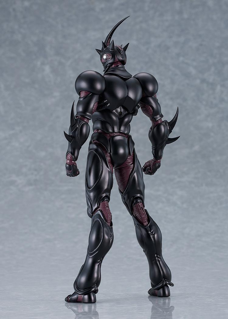 Rear view of figma Guyver III action figure detailing black bio-armor sculpting and joint articulation.