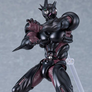 Low-angle combat stance of figma Guyver III action figure with open reaching hands.
