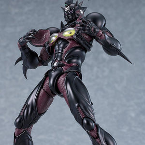 Close-up shot of figma Guyver III opening chest armor plates to reveal yellow Mega-Smasher organic lenses.