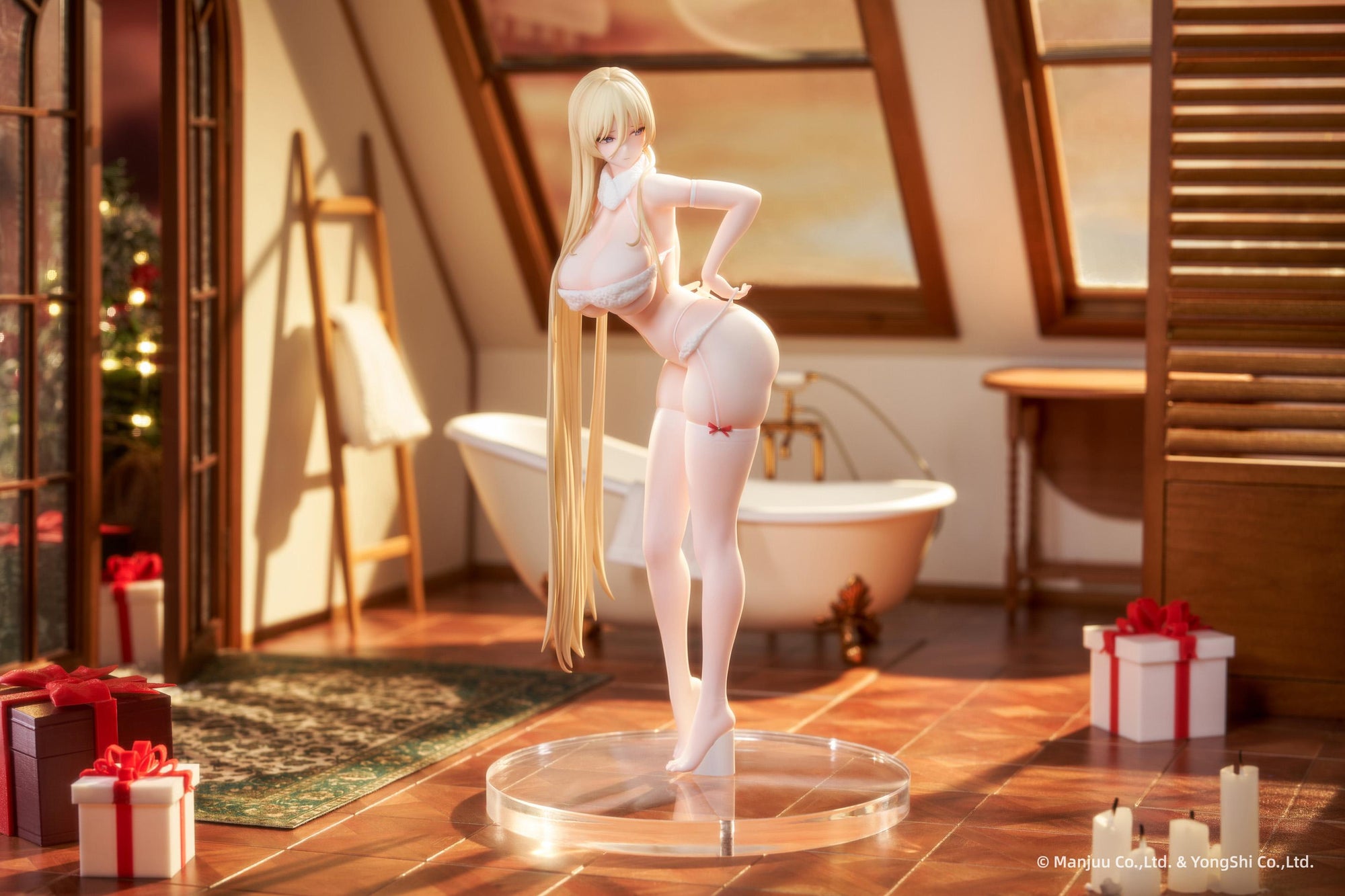 Wide lifestyle shot of the 1/7 scale Bismarck figure on a clear base in a decorated room with Christmas gifts.
