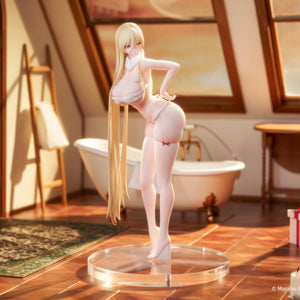 Wide lifestyle shot of the 1/7 scale Bismarck figure on a clear base in a decorated room with Christmas gifts.