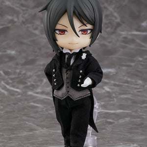 Good Smile Company Black Butler: Book of the Atlantic Sebastian Michaelis Nendoroid Doll reissue figure standing on magnetic base.