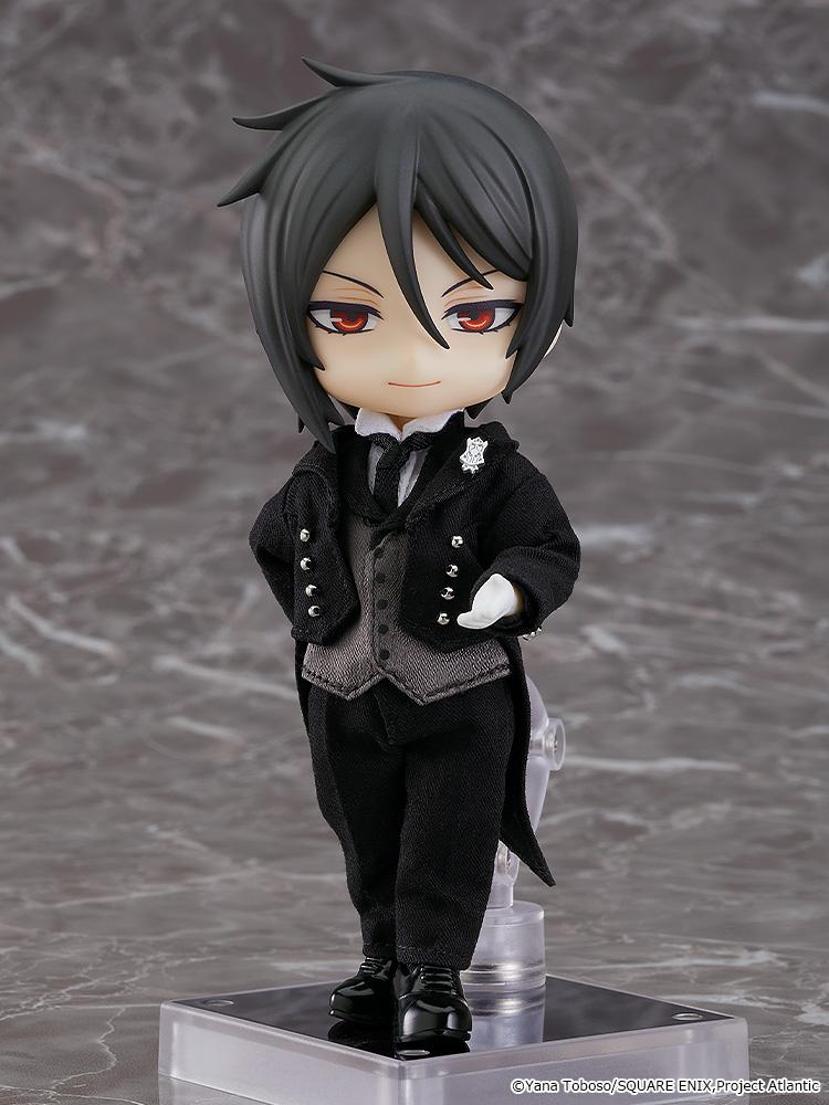 Good Smile Company Black Butler: Book of the Atlantic Sebastian Michaelis Nendoroid Doll reissue figure standing on magnetic base.