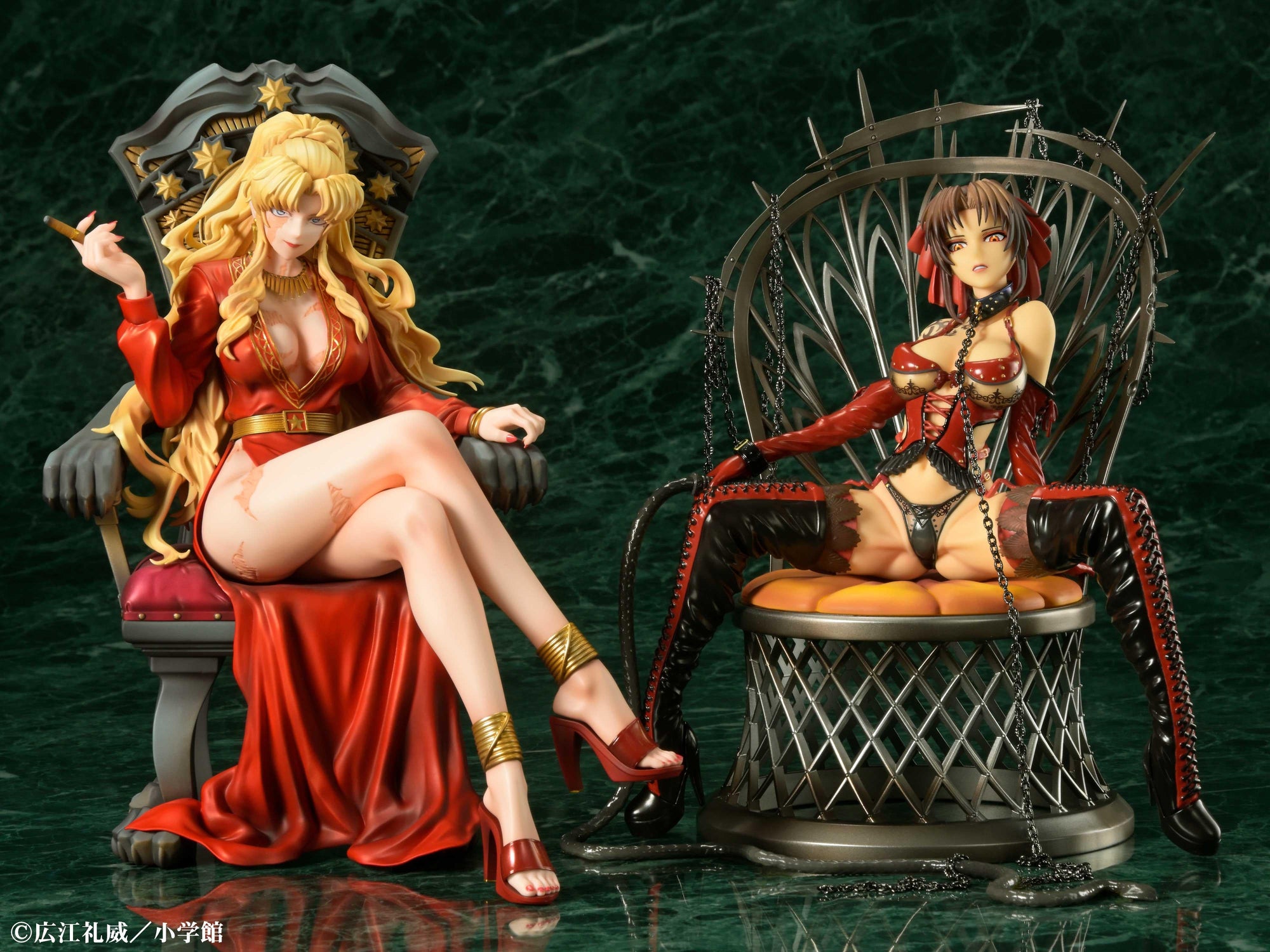 Combined display of the Balalaika Crimson Empress figure alongside the Revy Scarlet Queen figure.