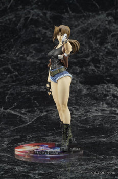 Full-body studio shot of the Black Lagoon DIGSTA Revy figure in a black tank top and denim cutoff shorts, aiming her signature pistol forward against a textured dark background.