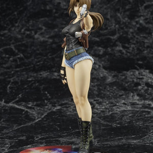 Full-body studio shot of the Black Lagoon DIGSTA Revy figure in a black tank top and denim cutoff shorts, aiming her signature pistol forward against a textured dark background.