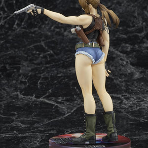 Rear three-quarter view of the Black Lagoon Revy figure showing her low ponytail, shoulder harness, and frayed denim shorts design.