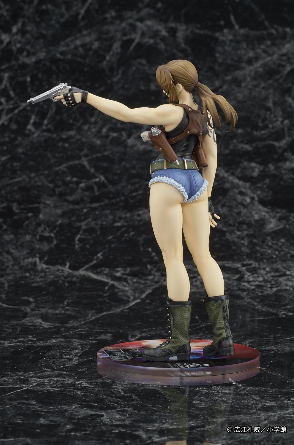 Rear three-quarter view of the Black Lagoon Revy figure showing her low ponytail, shoulder harness, and frayed denim shorts design.