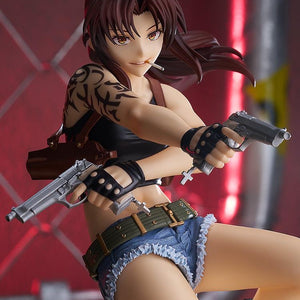 Close-up of the Revy figure showing her fierce expression, signature tribal tattoo, and dual-wielded pistols.