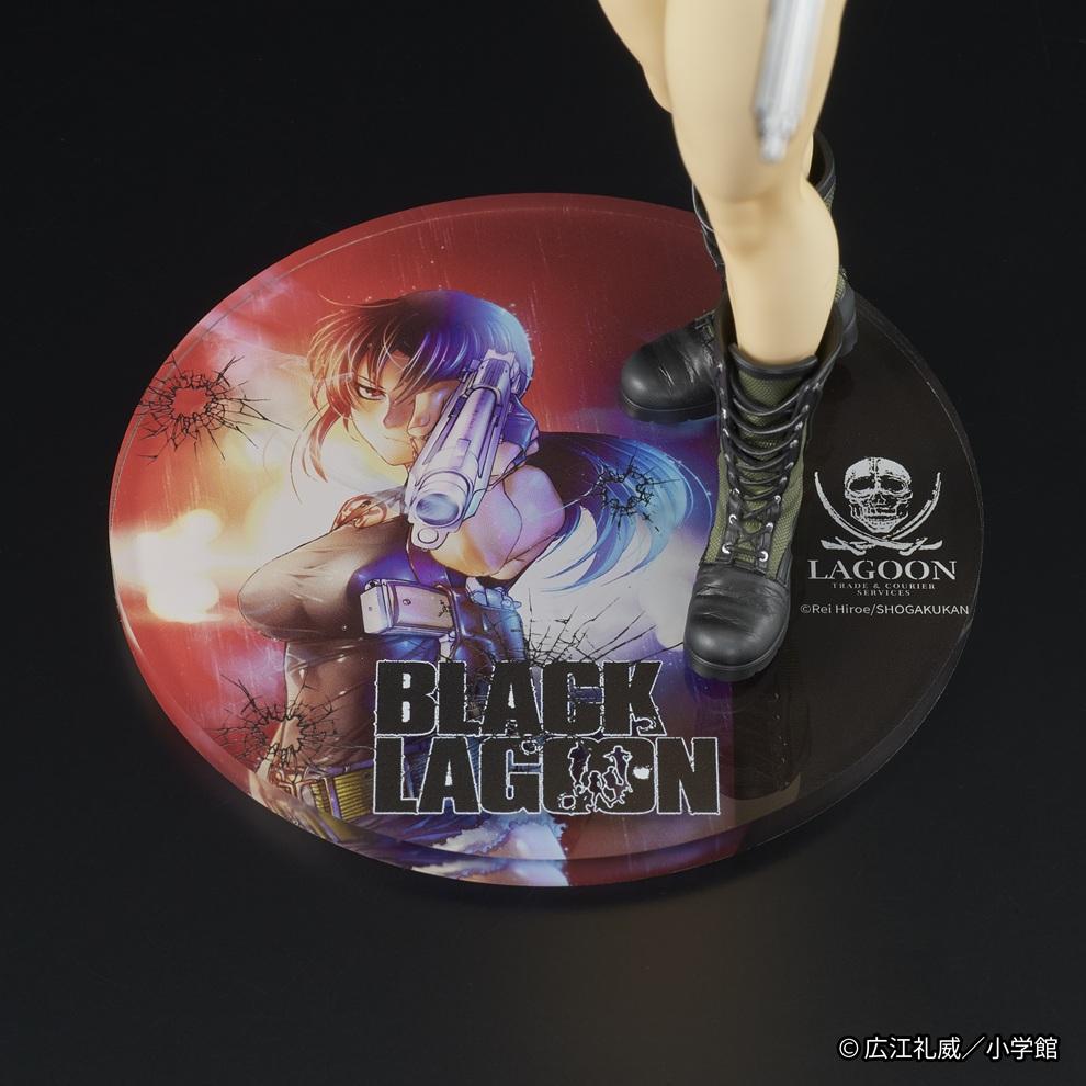 High-angle close-up of the stylized circular display base for the DIGSTA Revy figure, featuring custom anime artwork, bullet hole graphics, and the Black Lagoon logo.