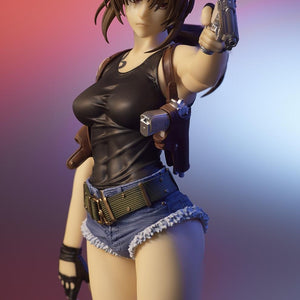 Mid-shot portrait of the DIGSTA Revy anime statue under ambient red and blue split lighting, emphasizing the character's tough anti-hero persona.