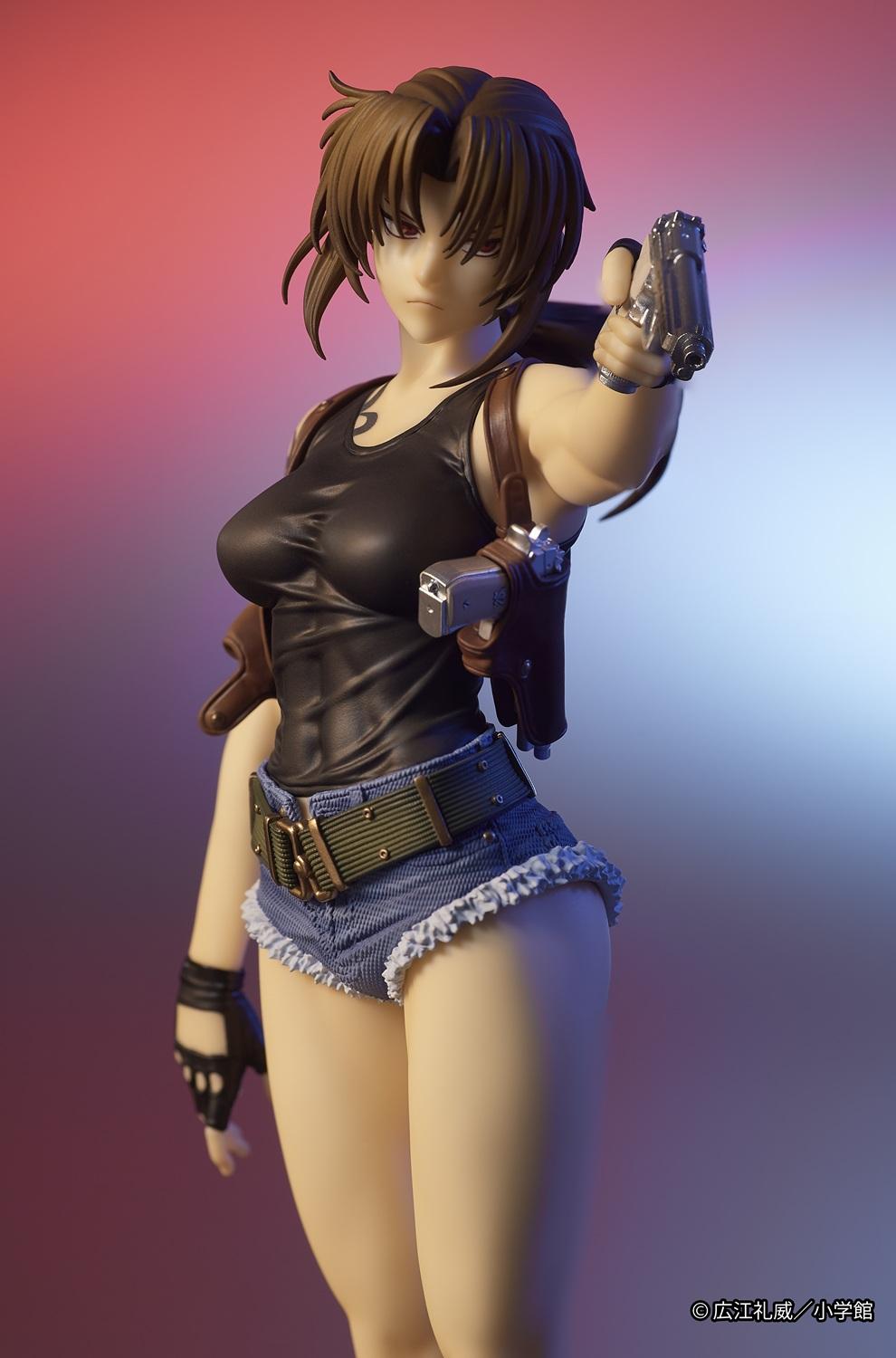 Mid-shot portrait of the DIGSTA Revy anime statue under ambient red and blue split lighting, emphasizing the character's tough anti-hero persona.