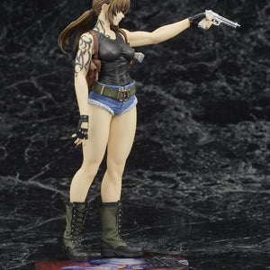 Right profile view of the Black Lagoon Revy statue showcasing the detailed tribal tattoo on her upper arm, leather shoulder holster, and combat boots.
