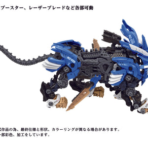 Full side profile of the Blade Liger showing the RZ-028 designation, mechanical tail, and deployed golden laser blades.