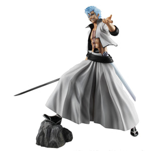 Megahouse Bleach G.E.M. Series Grimmjow Jaegerjaquez reissue figure posed with foot on rock base and drawn Zanpakuto sword.