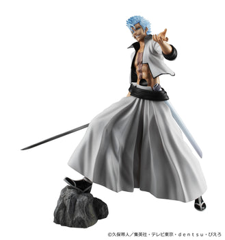 Megahouse Bleach G.E.M. Series Grimmjow Jaegerjaquez reissue figure posed with foot on rock base and drawn Zanpakuto sword.