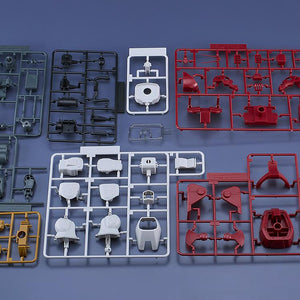 Flat lay view of the unassembled snap-fit plastic model kit sprues and colored runners for the Combat Armors MAX32 Blockhead, displaying red, white, grey, and yellow parts.
