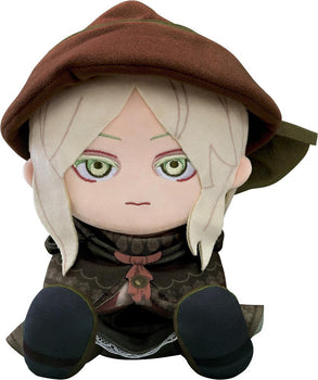 Front view of the Bloodborne Doll plushie featuring embroidered green eyes, white hair, and her iconic brown bonnet and shawl.