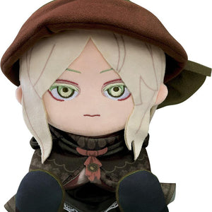 Front view of the Bloodborne Doll plushie featuring embroidered green eyes, white hair, and her iconic brown bonnet and shawl.