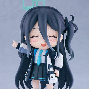 Blue Archive Aris Tendou Nendoroid figure featuring a delighted face plate with closed, happy eyes and blushing cheeks while pointing upward.