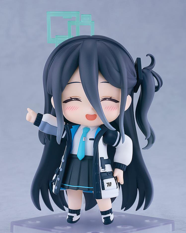 Blue Archive Aris Tendou Nendoroid figure featuring a delighted face plate with closed, happy eyes and blushing cheeks while pointing upward.