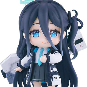 Close-up front view of the Blue Archive Aris Tendou Nendoroid figure showing her long dark blue hair, light blue eyes, and school uniform with a tie and jacket.