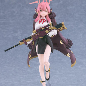 Standing view of the Aru Rikuhachima figma holding the Wine Red Admire rifle on a grey background.