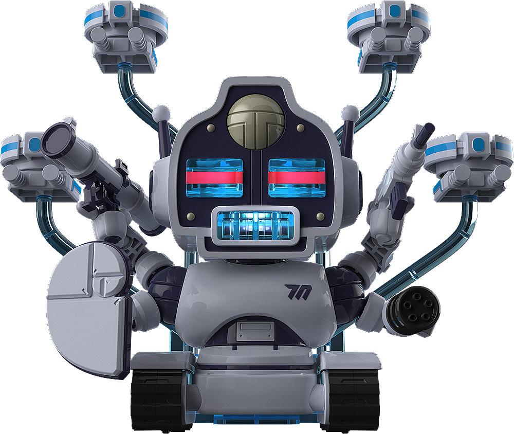Front view of the Avant-Garde-kun model kit from Blue Archive featuring a robotic design with four mounted drones and glowing blue eyes.